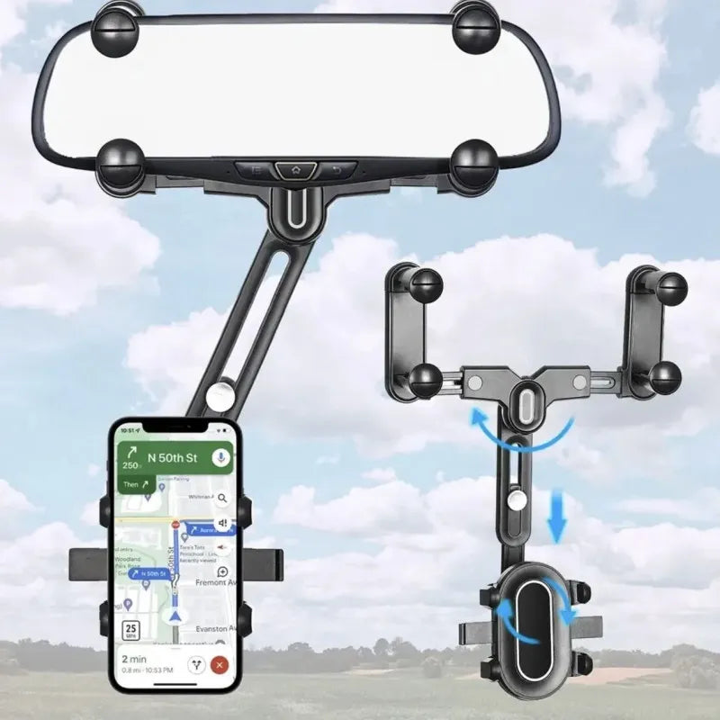 360° Car Rearview Mirror Phone Holder - Compatible with Phones and GPS